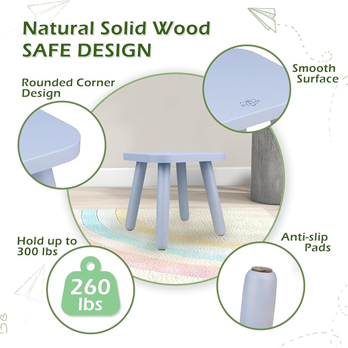 BEE&OAK Wooden Step Stools for Adults, Solid Rubber Wood Non-Slip Step Foot Stool, Heavy Duty 300 lbs One Step Stool for Bedroom, Bathroom, Kitchen (Blue, 9.25" (D) x 9.25"(W) x 8.86"(H))