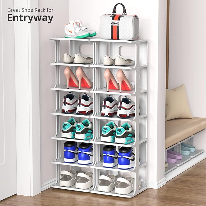 ZOINLIY Stackable Shoe Organizer for Closet, Small Shoe Rack for Entryway, Bedroom, Dorm Rooms, Free Standing Shoe Shelf, Plastic Shoe Cubby for Small Space, Grey Space Saver Shoe Holder