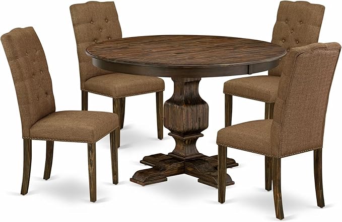 East West Furniture F3EL5-718 5 Piece Modern Dining Table Set Includes a Round Wooden Table with Pedestal and 4 Brown Linen Linen Fabric Parsons Dining Chairs, 48x48 Inch, Distressed Jacobean