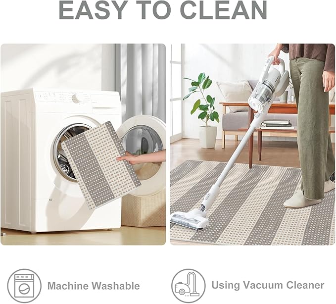 OJIA Outdoor Rug 5'x7' Striped Patio Rug Washable Indoor Outdoor Carpet Cotton Woven Outside Farmhouse Enrtyway Rug Large Area Rugs for Living Room Bedroom Backyard (Gray/White/Tan)