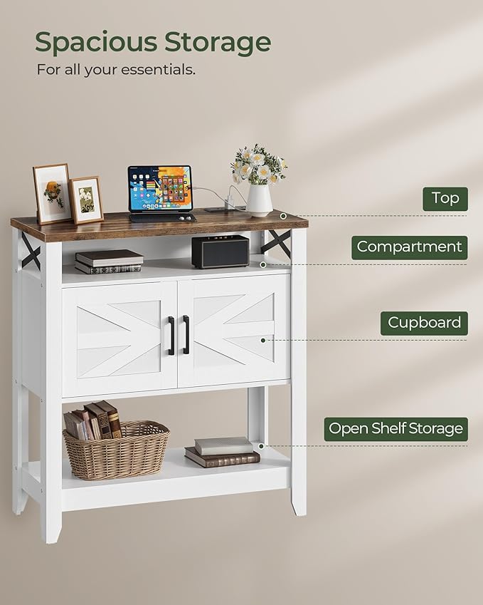 Console Table, Farmhouse Sofa Table with Power Outlet, Entryway Table with Cabinet and Open Shelves, Coffee Bar Cabinet with Storage for Entrance, Hallway, Kitchen, White and Walnut MXG01UWL