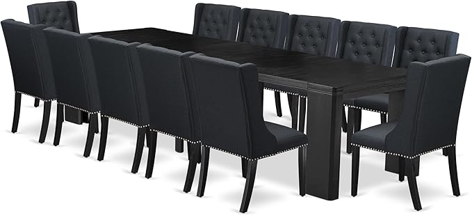 X12FO-006-24 - 13-piece Dining Room Table Set a Rectangular Kitchen Table and 12 Black Linen Fabric Dining Chair, 39x120 Inch, Wire Brushed Black
