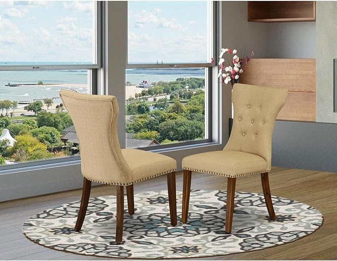 East West Furniture GAP8T03 Gallatin Parson Dining Chairs - Button Tufted Nailhead Trim Brown Linen Fabric Upholstered Chairs, Set of 2, Walnut