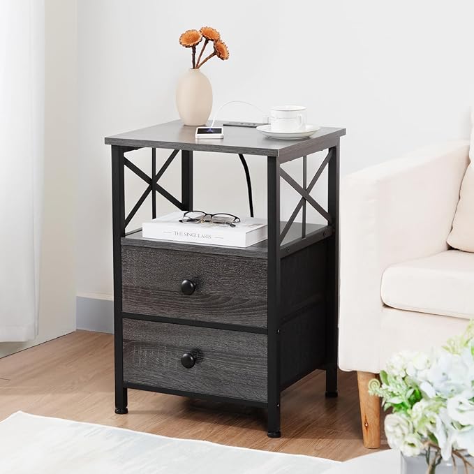 AMHANCIBLE Night Stand Set 2, Nightstand with Charging Station, End Tables Living Room with USB Ports and Outlets, Bedside Tables with Fabric Drawers for Bedroom, Dark Grey HET05XDG