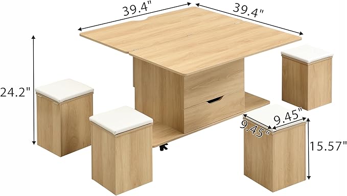 Merax Multi-Functional Lift-Top Coffee Table with Hidden Storage and Stools,Multi-Function Modern Center Table with 4 Stools and Casters,Perfect for Modern Living Spaces, Natural & White