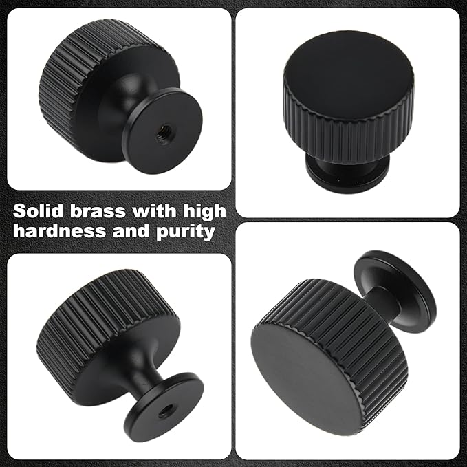 Matt Black Kitchen Cabinet Knob, 2 Pack Solid Brass Dresser Drawer Pulls, 1-1/10 Black Cabinet Knob for Cabinet Cupboard Wardrobe, Bifold Door Hardware Handles