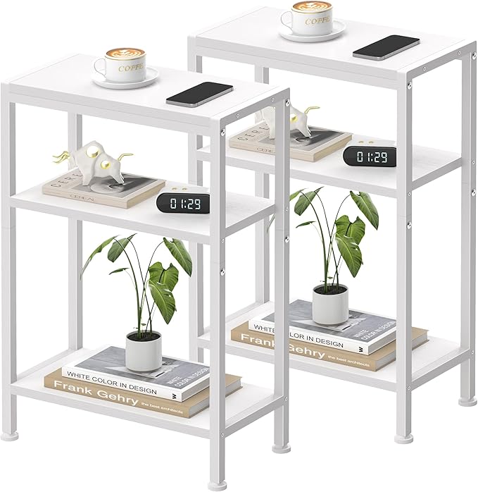 Narrow Side Table for Small Space Set of 2, 3-Tier Small End Table with Shelf Holder, Slim Nightstand, Skinny Snack Couch Table in Living Room, Bedroom, Study, Kitchen and Balcony（White