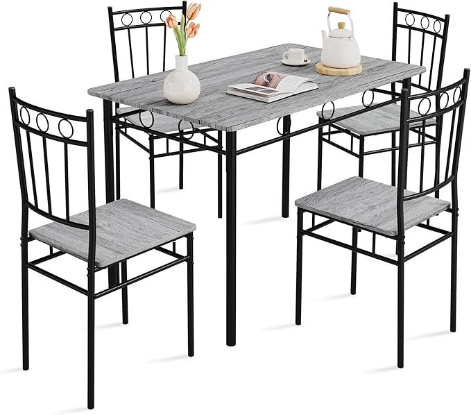 Vipbear Kitchen Dining Table Set for 4, 5-Piece Kitchen Table Set,Dining Room Table Sets,Rectangular Kitchen Table Set with 4 Chairs for Small Space, Dinette,Apartment,Rustic Grey