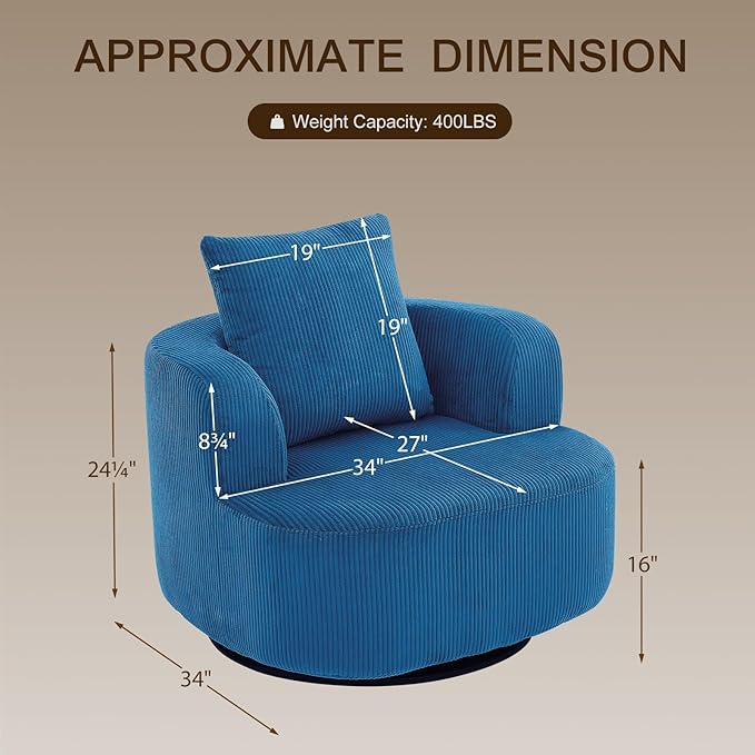 Furnimart 360° Swivel Barrel Accent Chair, Round Upholstered Comfy Lounge Chair, Corduroy High-Resilienc Foam Single Sofa, No Assembly Wide Seat for Living Room, Bedroom, Apartment (Blue)