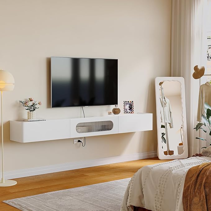 Floaticase Floating TV Stand, 70IN Fully Assembled Hign Gloss Wall Mounted TV Console with Flip-Down Door & Drawers for Livingroom, Bedroom