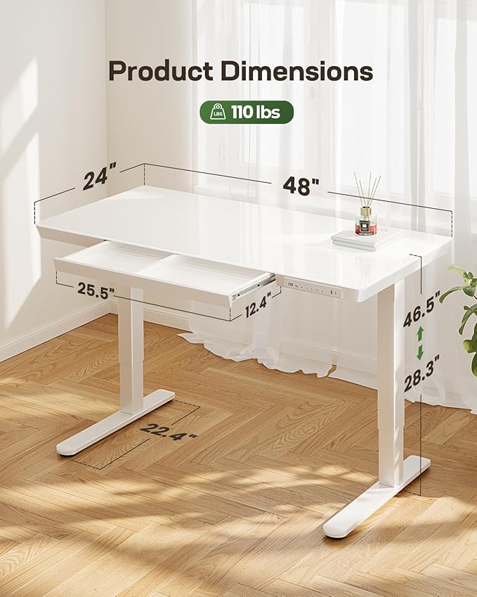 Marsail Glass Standing Desk with Drawer, 48 x 24 inch Electric Standing Desk, Height Adjustable Desk with One-Piece Tabletop & USB Charging Ports, Sit Stand Desk with Storage for Home & Office White