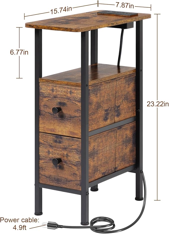Narrow End Table Living Room with Charging Station, Skinny Side Table with Fabric Drawers, Slim Nightstand for Bedroom, Small Spaces, Couch, Rustic Brown, HETNDP02PBR-1