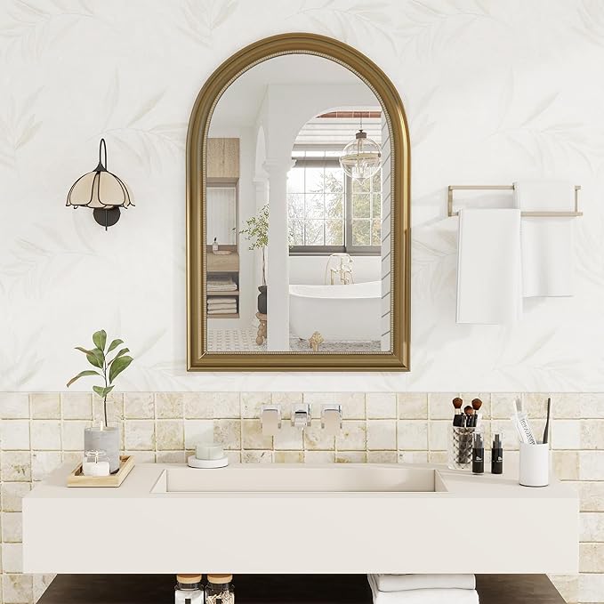 Axeman 32x48 Arched Wall Mirror, Decorative Bathroom Mirror, Traditional Vintage Wall Mounted Mirror with Beaded Frame for Accent Living Room Vanity Bedroom Entryway, Gold