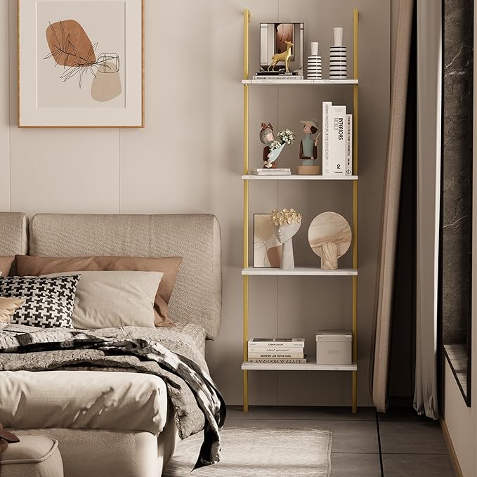 Ladder Shelf 4 Tiers Metal Industrial Bookshelf,White Marble Wood Tall Open Storage Rack and Display Shelves,Wall Mount Wide Book Case for Home Office Bedroom,Small