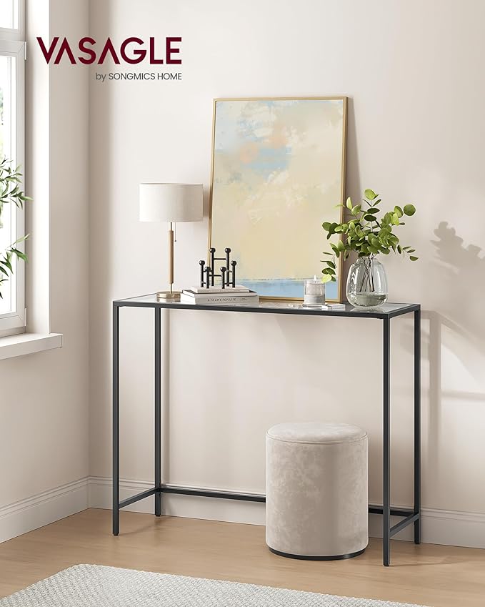 VASAGLE 39.4 Inches Console Table, Tempered Glass Sofa Table, Modern Entryway Table, Metal Frame, Easy to Assemble, Adjustable Feet, for Living Room, Hallway, Black ULGT026B01