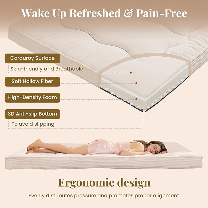 Japanese Floor Mattress, 4" Thicken Futon Mattress Twin Size Sleeping Pad, Corduroy Foldable Floor Pad, Roll Up Tatami Mat for Adults Guest Room Bedroom, Beige