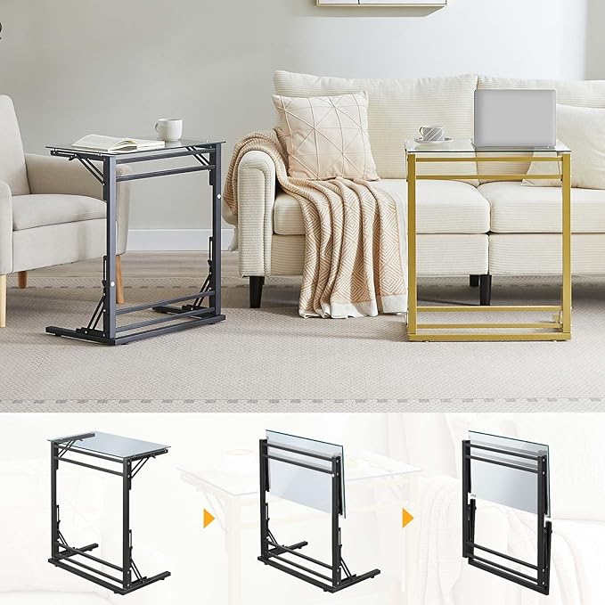 Tatub 24" Folding C Shaped End Table, Small Tempered Glass Side Table for Couch or Bed, Foldable TV Tray Laptop Desk with Black Metal Frame