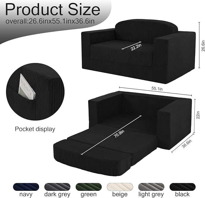 MeMoreCool Convertible Sofa Bed, Pull Out Loveseat Sleeper Sofa, Small Boneless Cloud Couch Bed for Adults, Fold Out Foam Love Seat Black, Corduroy Folding Floor Couch for Bedroom