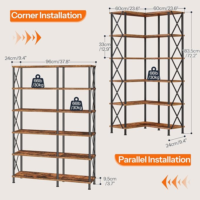 HOOBRO Corner Bookshelf, 6-Tier L-Shaped Bookcase, Industrial Open Display Shelf Tall Storage Organizer, Vertical Storage Rack, for Living Room, Home Office, Rustic Brown and Black BF61SJ01