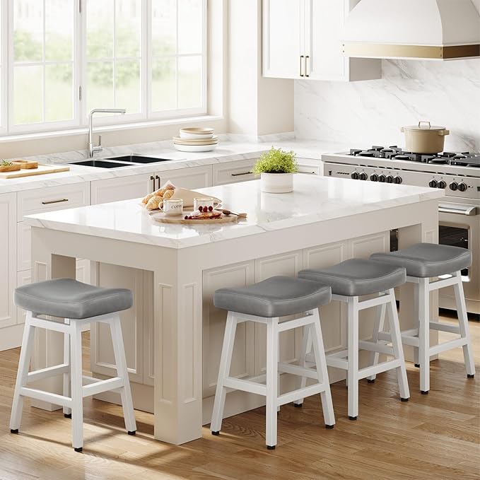 Counter Height Bar Stools Set of 3, 24 Inch Barstools for Kitchen Counter, Kitchen Stools with Bonded Leather Saddle Seats & Heavy Duty Metal Legs, Easy Assembly, Gray/Black