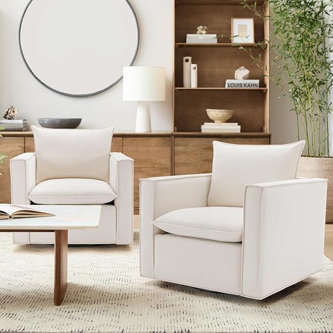 COLAMY Swivel Accent Chair, 34 Inches Upholstered Arm Chair with Plump Back Pillow, Modern Sofa Living Room Chair for Bedroom, Corner, Reading Beige