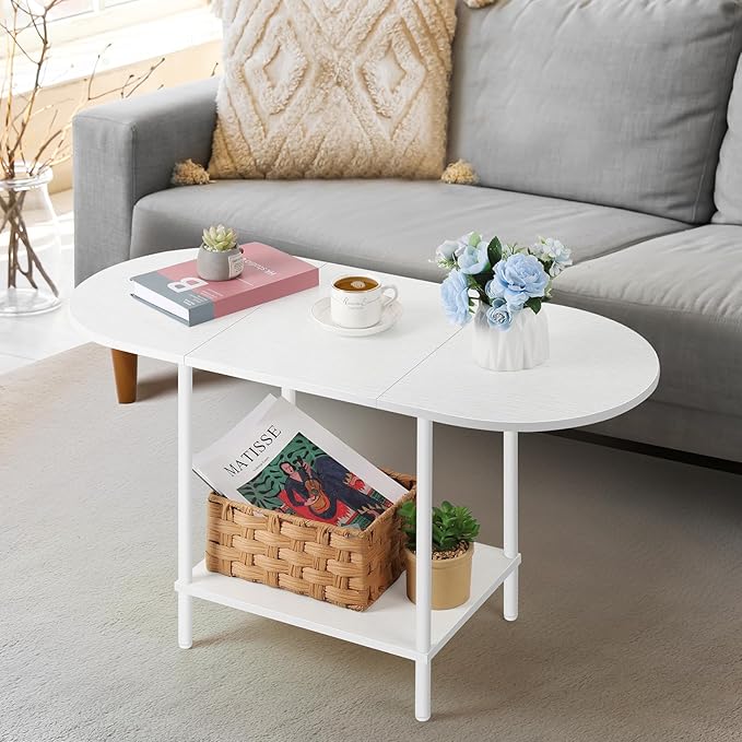White Coffee Table for Living Room, Small Oval Coffee Table with Storage and Wood Tabletop, Mid Century Round Center Table for Small Space, Home Office