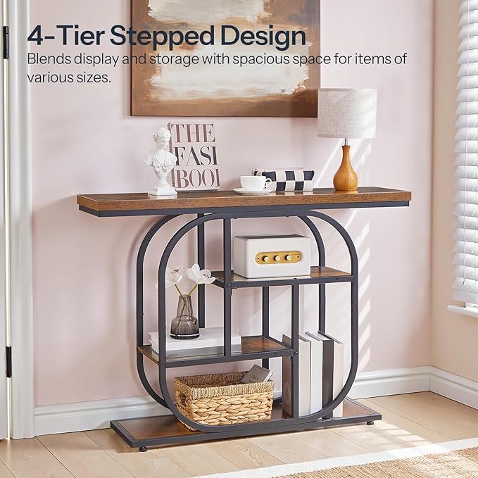 HOOBRO 43.3" Console Table, 4-Tier Sofa Table, Industrial Entryway Table, Behind Couch Table, Accent Table with Storage Shelf for Entryway, Foyer, Living Room, Bedroom, Hallway, Rustic Brown BF65XG01