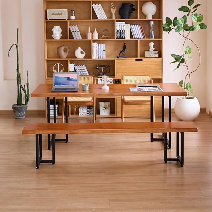 Durable Solid Wood Top Bench with Metal Triangular Legs – Stylish Long Dining Bench for Home, Office, Restaurant & Patio (Wooden Brown Bench, 70.87in)