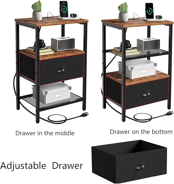 Sthmec Nightstands Set of 2, LED Bedside Tables with Charging Station and Fabric Drawer, Night Stand with Storage, 3 Tier Side Table with Open Shelf, LED Nightstands with Charging Station,Rustic Brown