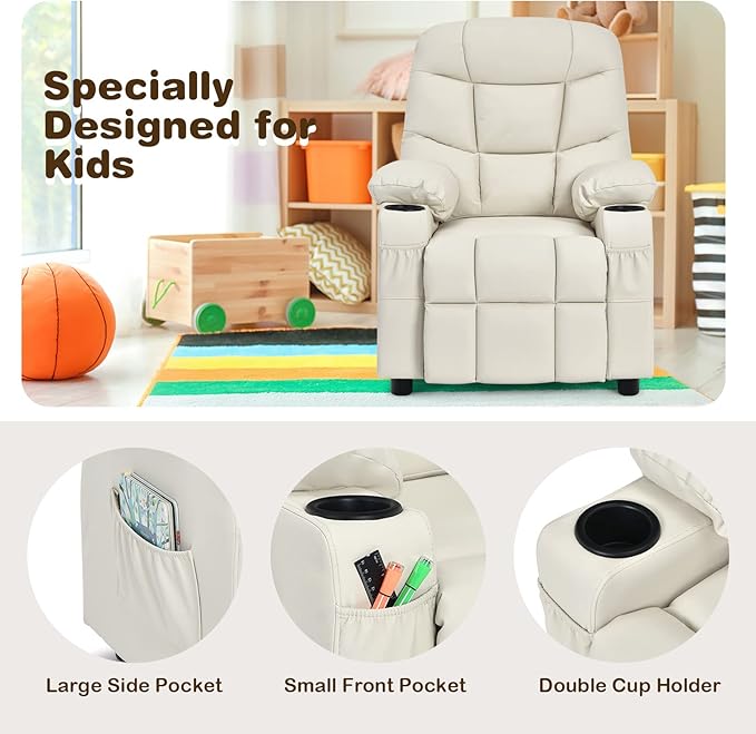 Costzon Kids Recliner Chair with Cup Holder, Adjustable Lounge Chair w/Footrest & Side Pockets for Children Boys Girls Room, Ergonomic Toddler Furniture Sofa, Kids Recliner (Beige)