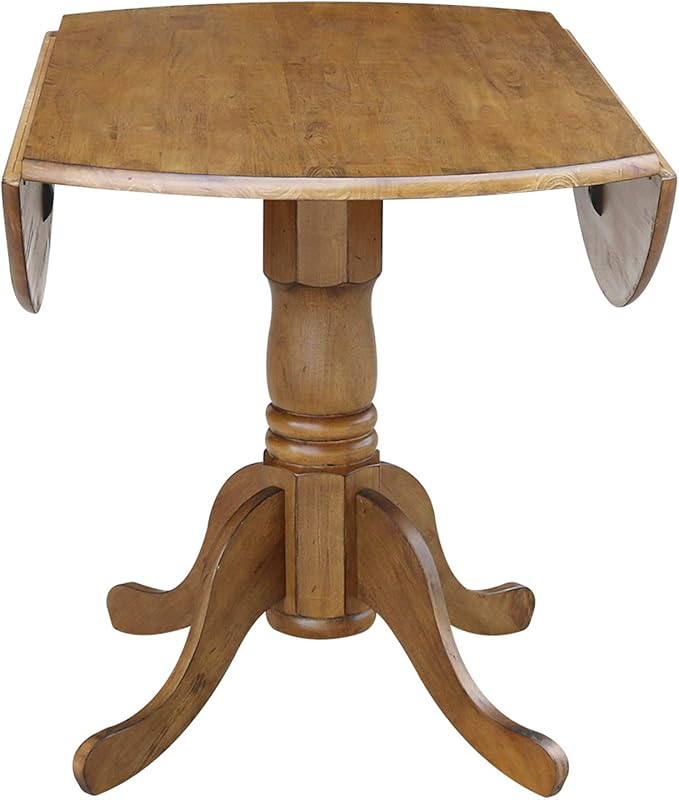 42" Round Dual Drop Leaf Pedestal Dining Table Solid Wood, Easy Assembly, Sturdy Parawood, Kitchen/Dining Room, 29.5"H x 42"W x 42"D, 20mm Thickness Top, Includes Two 9" Drop Leaves