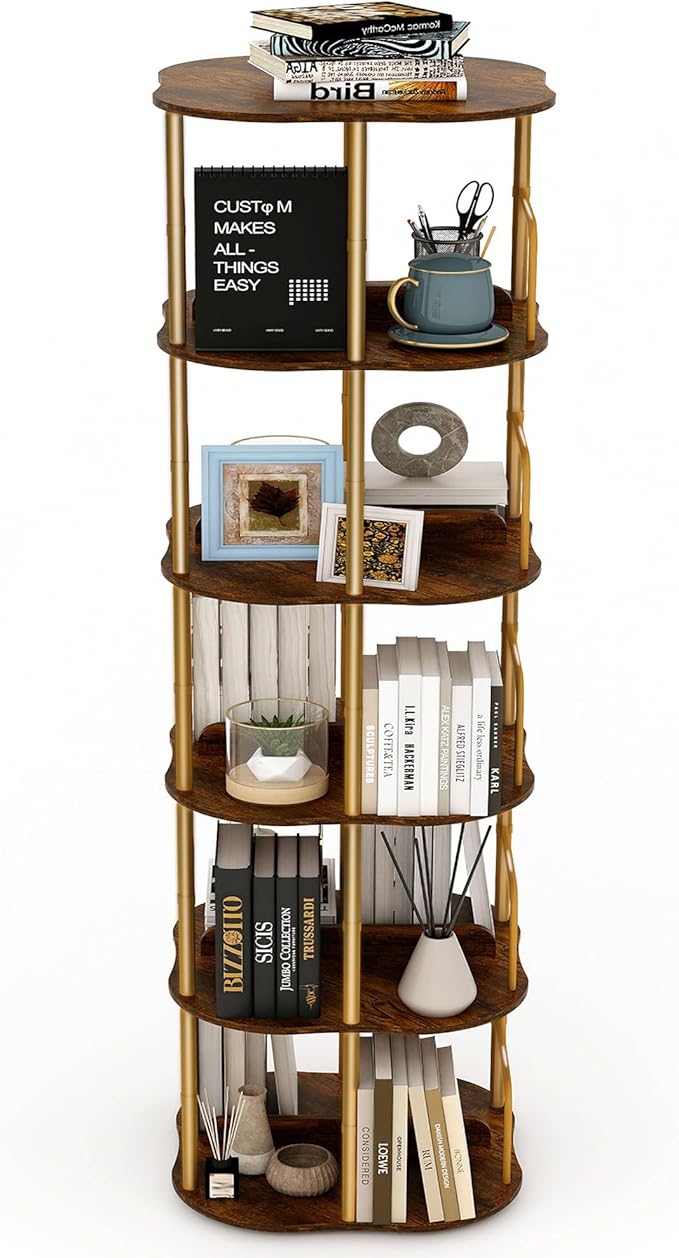 5-Tier Rotating Bookshelf, 360 ° Display Stackable Spinning Bookshelf Tower, Narrow Space Saving Tall Floor Standing Swivel Bookcase Corner Organizer for Bedroom, Living Room, Gold