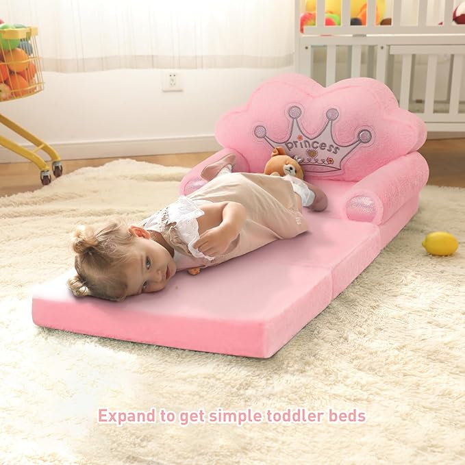 MOONBEEKI Toddler Chair Comfy，Foldable Princess Kids Couch for Girl, Toddler Recliners for Kids Over 18 Months, Baby Furniture for Bedroom and Playroom，Pink