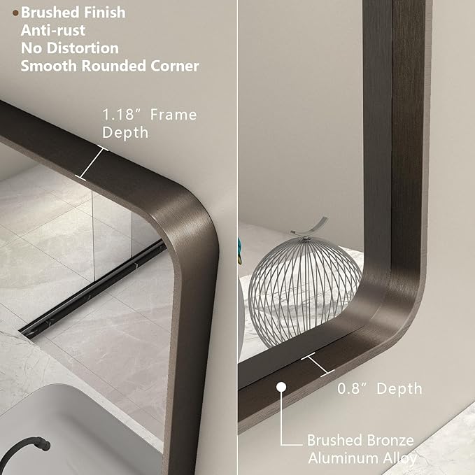 36x36 Square Bathroom Framed Mirror for Wall, Brushed Bronze Metal Bathroom Vanity Mirror, Rounded Rectangle Mirror, Anti-Rust, Tempered Shatterproof (Horizontal/Vertical)