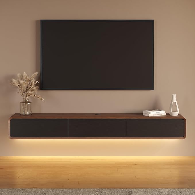 Minimalist Floating TV Stand with LED Lights, Modern Wall-Mounted Media Console with 3 Flip-Down Cabinet Doors for 75 Inch TV, Fully-Assembled, Walnut Veneer, 78"