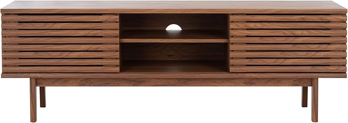 SAFAVIEH Aricia TV Stand for up to 65" Flatscreen – Walnut, 2 Sliding Doors with Interior Storage, 1 Open Shelf, Entertainment Media Console (MED9633A)