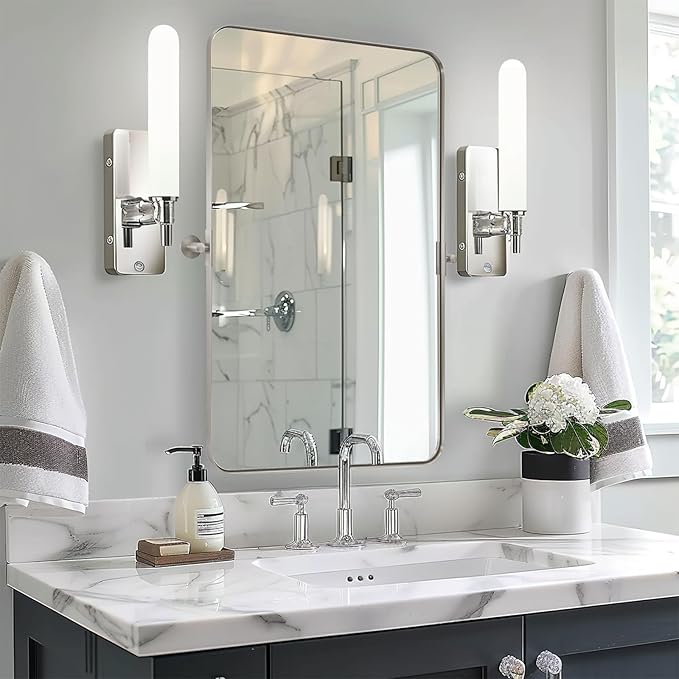 MOON MIRROR 20" x 28" Brushed Nickel Metal Framed Pivot Rectangle Bathroom Mirror, Silver Tilting Rounded Rectangular Vanity Mirror for Wall Mounted Hangs Vertical Only