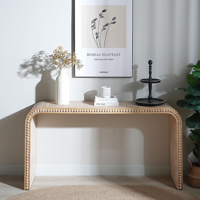 KEIKI Wood Console Table Behind Couch & Sofa, Retro Style with Curved Waterfall & Wood Beads Design, for Entryway, Living Room, Natural