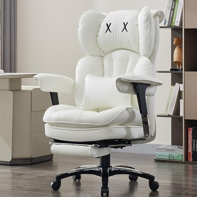Efomao White Big and Tall Office Chair with Footrest – Ergonomic High-Back Computer Chair with Adjustable Armrests, Wide Seat – Modern Home Office, Gaming & Study Chair for Young Professionals