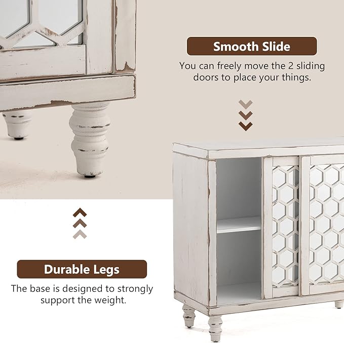 COSIEST 31.5" W Sideboard Buffet Cabinet with Mirrored Doors and Adjustable Shelf, Kitchen Storage Cabinet with Sliding Doors for Dining Room, Hallway, Living Room (White, Honeycomb Pattern)