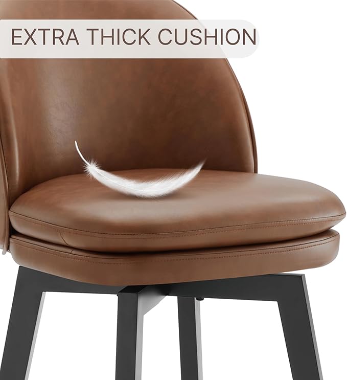 Counter Height Barstools 26 inch Upholstered Swivel Bar Stools with Back and Wood Legs for Kitchen Island,Set of 4,Brown PU Leather-Armless