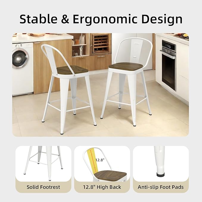 Metal Bar Stools Set of 4, High Back Bar Stools with Wooden Seat, 30 inch White Barstools for Kitchen Island