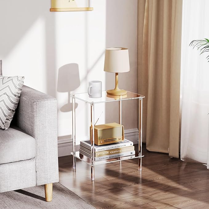 Clear Acrylic Side Table, 2-Tier End Table for Living Room, Small Modern Bedside Tables Nightstand for Bedroom, Home Decor Accent Table, 15.7" L x 11.8" W x 19.82" H, Clear