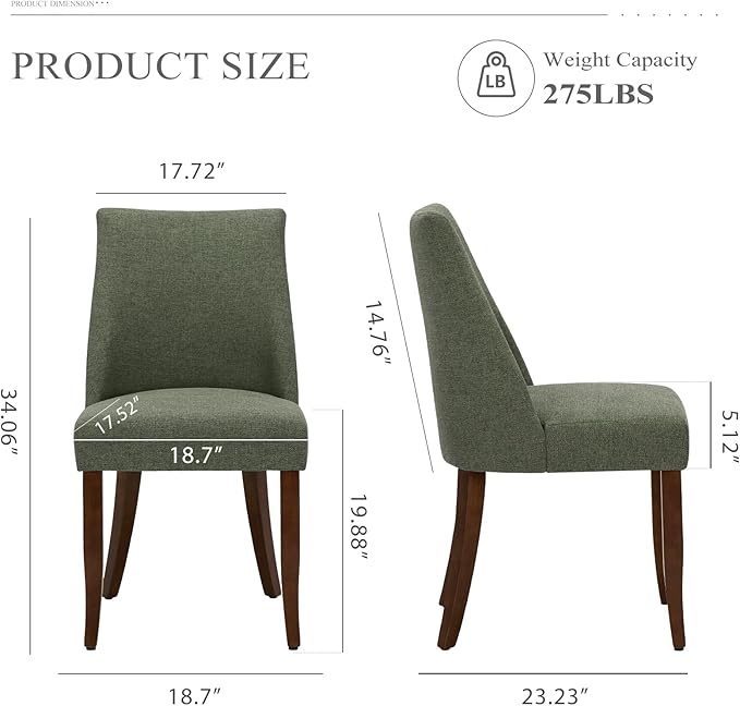 COLAMY Upholstered Dining Chairs Set of 2, Mid Century Modern Kitchen Chairs with Back, Farmhouse Fabric Side Dining Room Chairs with Wood Legs for Dining Room Restaurant, Green