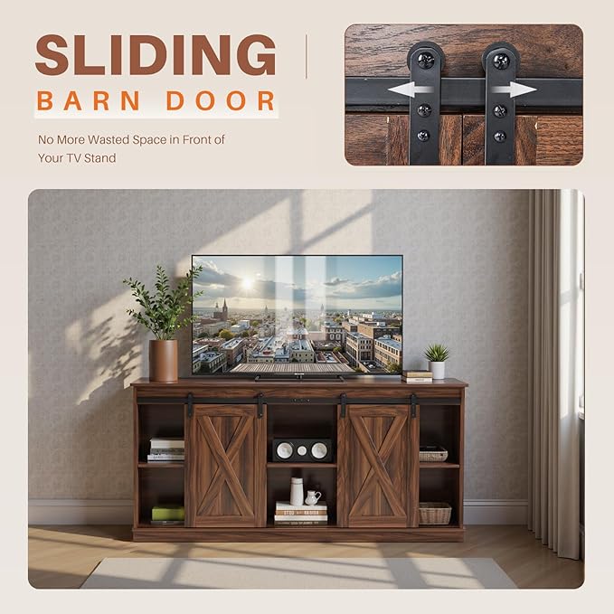 Sweetcrispy Farmhouse TV Stand for Living Room Bedroom Brown 65 Inch, Tall Entertainment Center with Storage Shelves, Media Console Cabinet with Wood Board, 300 LBS Capacity and Sliding Barn Door