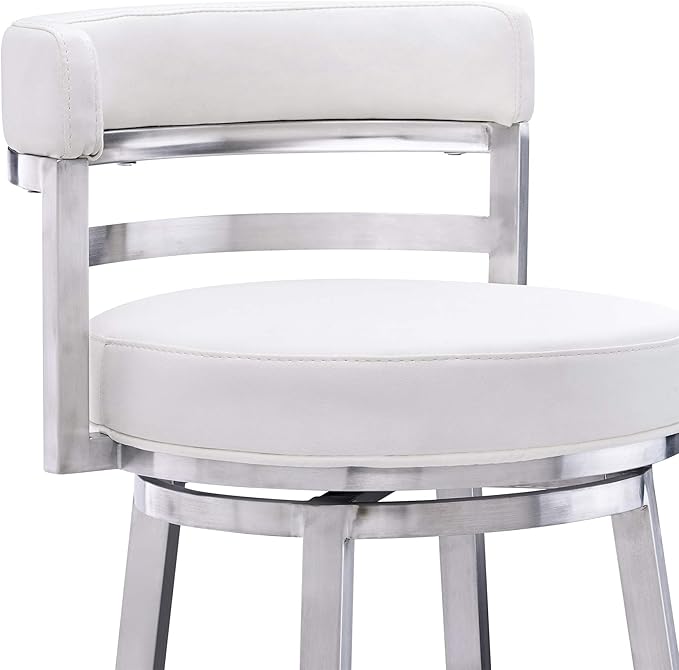 Armen Living Madrid 30" Seat Height Swivel White Faux Leather and Brushed Stainless Steel Bar Stool for Kitchen Island Counter