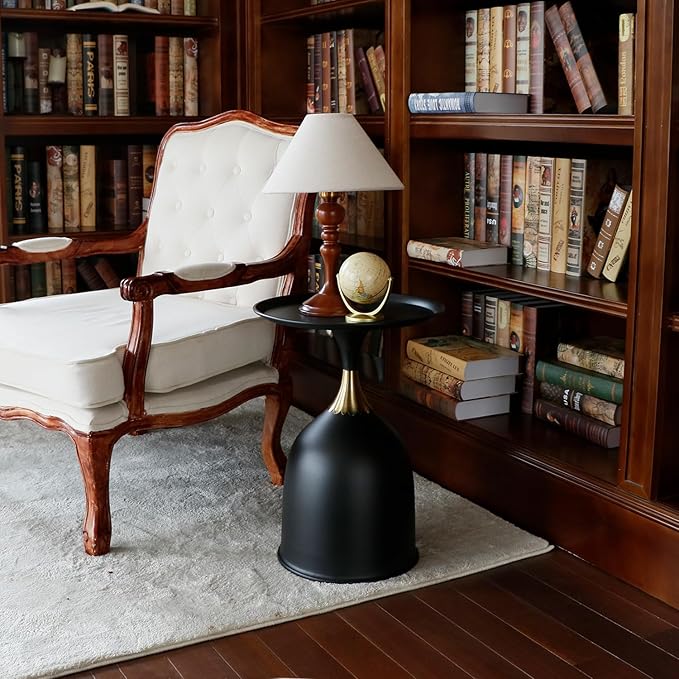 Small Round Pedestal Side Table for Small Spaces, Modern Black Couch End Tables Living Room Corner Drink Table, Unique Circle Metal Accent Martini Tables for Sofa, Recliner, Bedroom