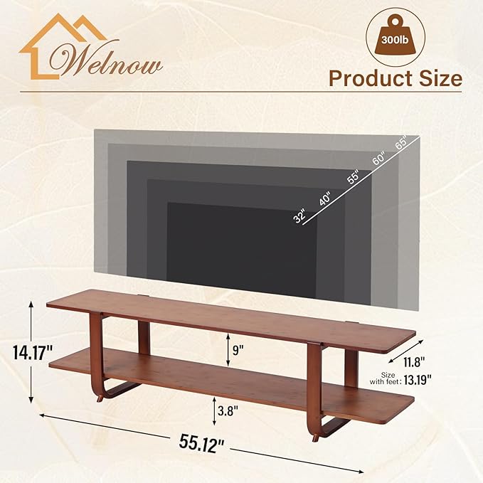 Welnow Bamboo TV Stand for Up to 65 Inch, Mid Century Modern Entertainment Center with 2-Tier Open Shelves, Storage Media Console Table for Living Room, Bedroom, Walnut