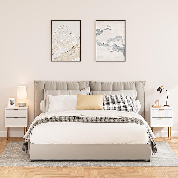 Nightstand,Small Bedside Table with Gold Frame,Morden Night Stand with 2 Drawer,End Table,Side Table with Drawer and Shelf for Bedroom,Living Room (White-2Drawer)