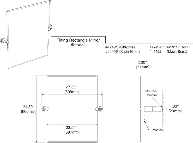 Gatco 4249MXS Latitude II, Frameless Rectangle Pivot Mirror, 31.5" H, Matte Black/Wall Mounted 31.5" H x 27.50" W Frameless Tilting Beveled Bathroom Vanity Mirror Wth Matte Black Brackets
